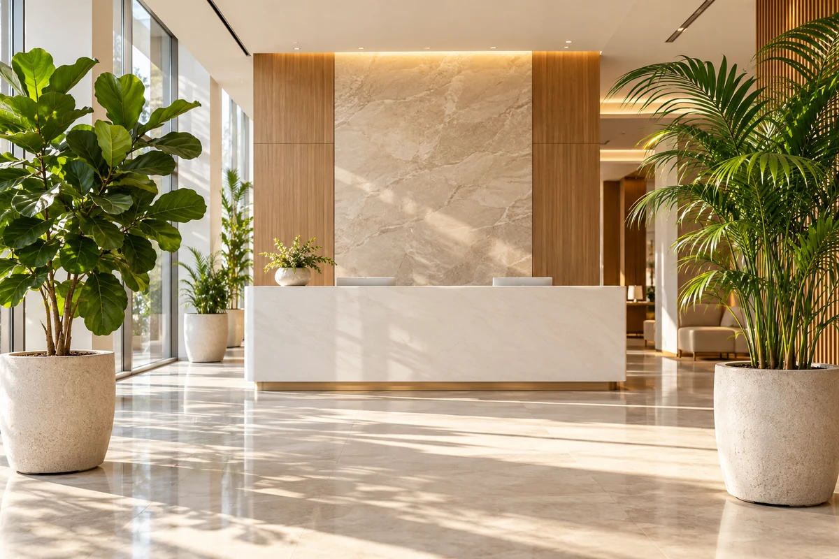 Commercial reception area with large interior plants